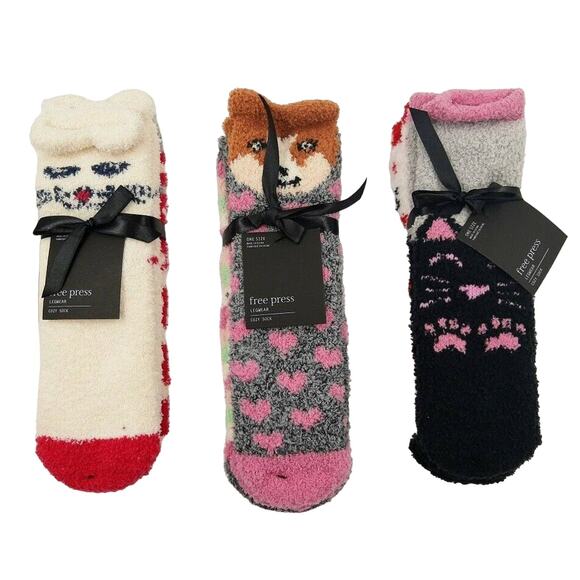 Free Press Women Colorful Hearts 6-pc Set Fuzzy Knit Winter Crew Socks One Size - Picture 1 of 2